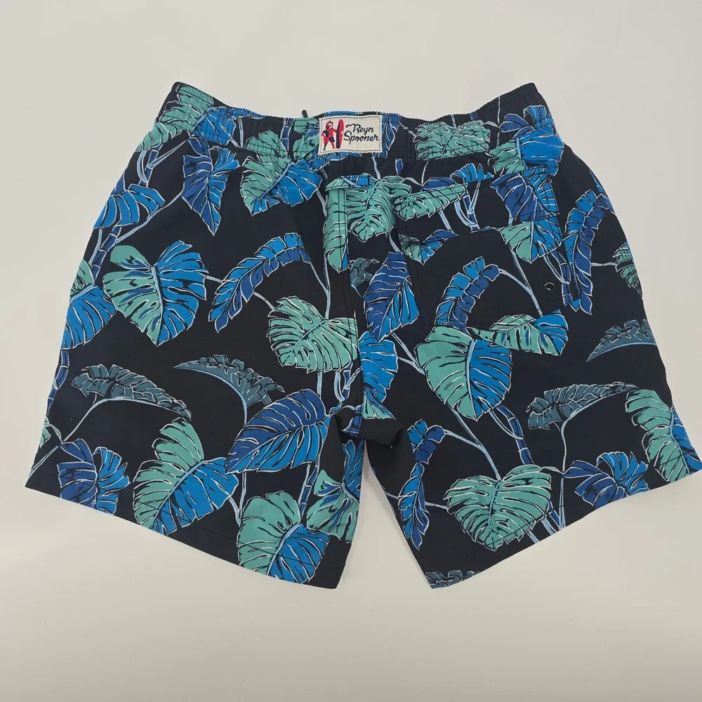 Reyn Spooner Mens Tropical Monstera Leaf Swim Trunks Blue Small Bamboo Charcoal